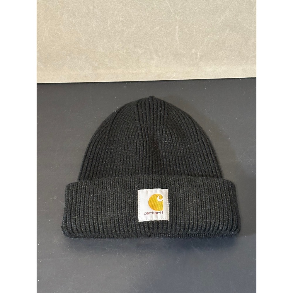 Carhartt Black Ribbed Knit Beanie Watch Hat AH5560-W Square Logo Patch OS